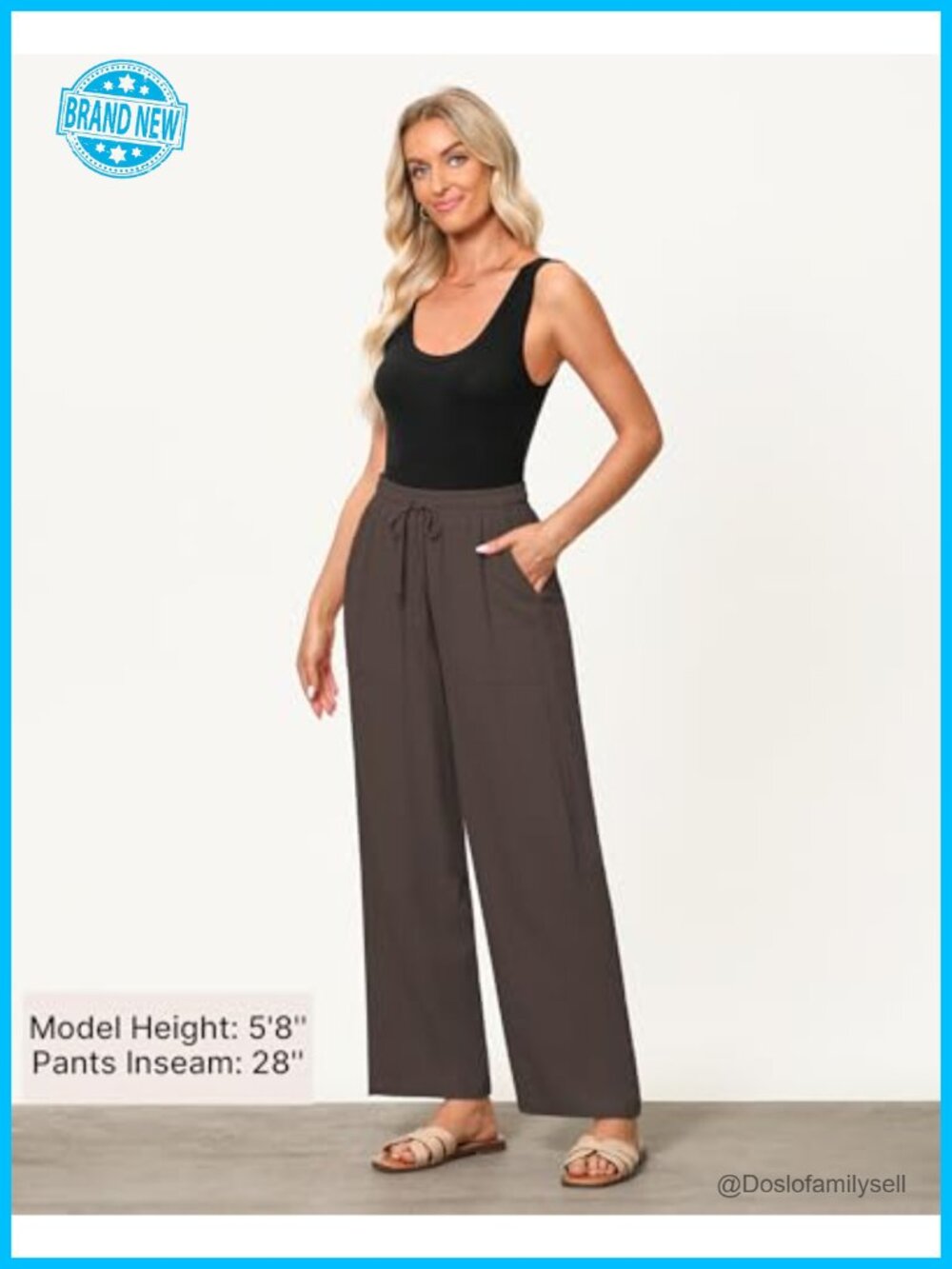 Wide Leg Linen Drawstring High Waisted Baggy Palazzo Pants with Pockets - Picture 5 of 6